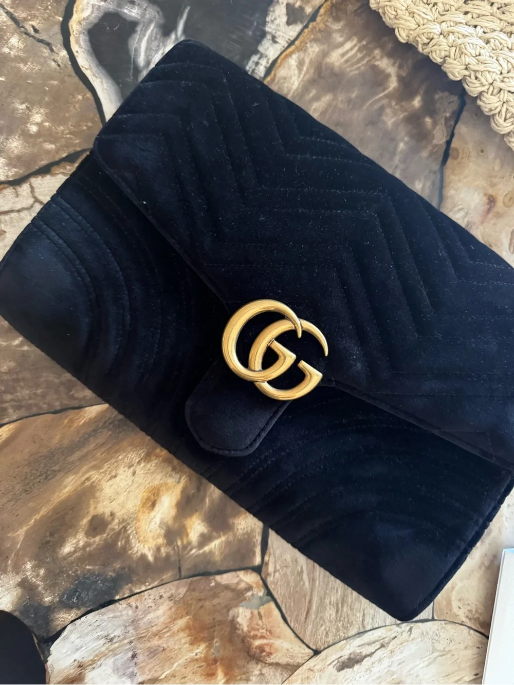 Gucci Black Velvet GG Marmont Chevron Clutch with Gold Hardware
